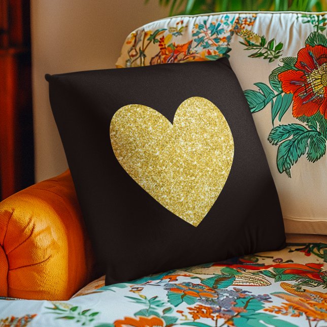 Svart och guld glitter foto hjärta kudde (Black and Gold Glitter Photo Heart Throw Pillow)