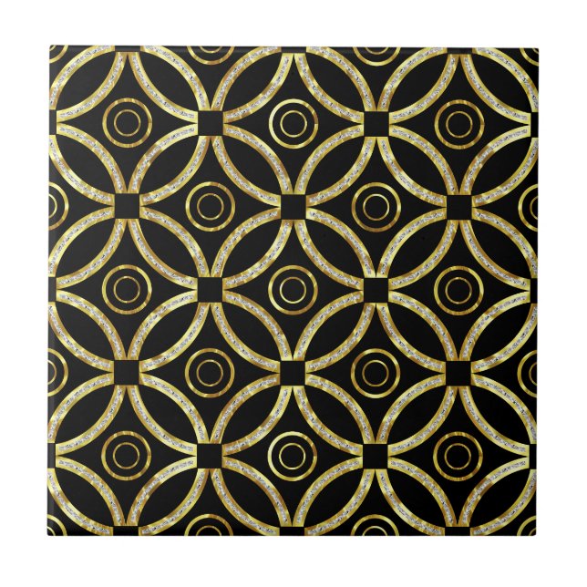 Svart och Guld Glitter, Geometric Mönster Kakelplatta (Framsidan)
