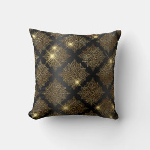 Svart och guld glitter glam filigree mönster kudde