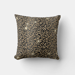 Svart och guld glitter glam leopardfläckar tryck kudde