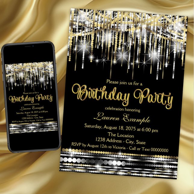 Svart och guld glitter glamour födelsedag inbjudningar (Beautiful any number birthday party invitation. Instant download and printed invitations available.)