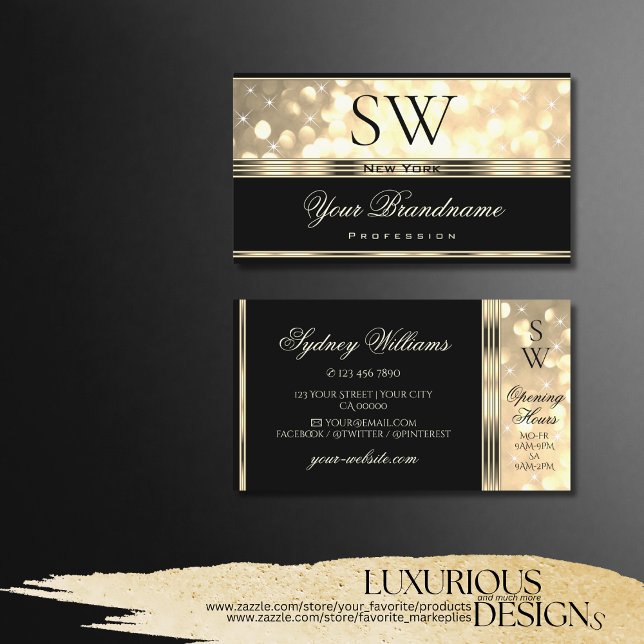 Svart och Guld Glitter Gnistra Stars med Monogram Visitkort (Skapare uppladdad)