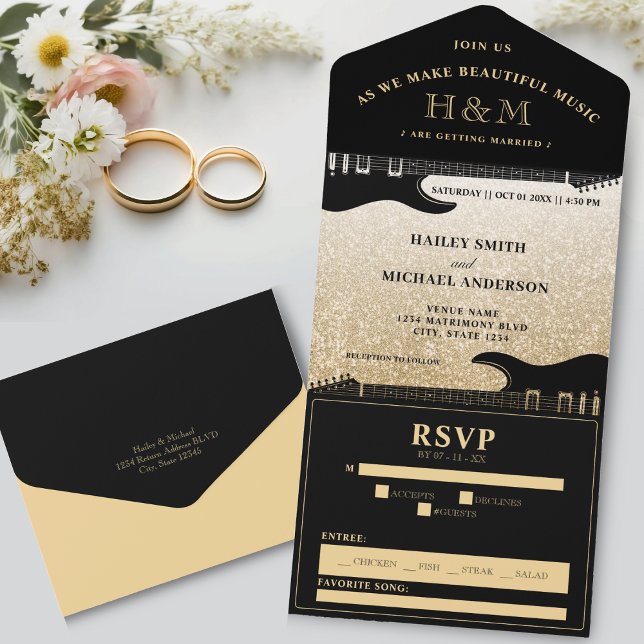 Svart och Guld Glitter Guitar Bröllop (Black & Gold Glitter Guitar Wedding All In One Invitation)