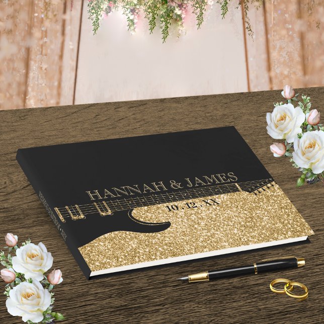 Svart och Guld Glitter Guitar Bröllop Gästböcker (Black & Gold Glitter Guitar Wedding Guest Book)