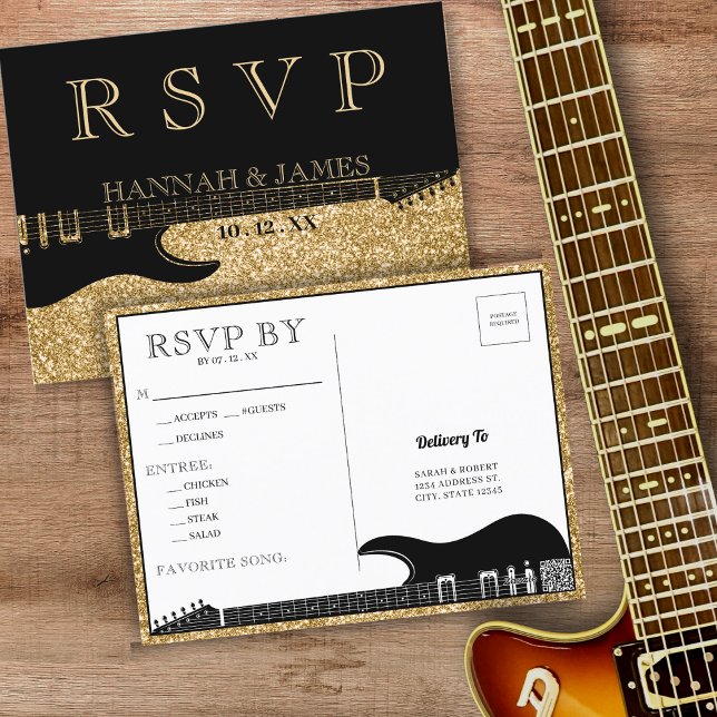 Svart och Guld Glitter Guitar Bröllop OSA Vykort (Black & Gold Glitter Guitar Wedding RSVP Postcard)