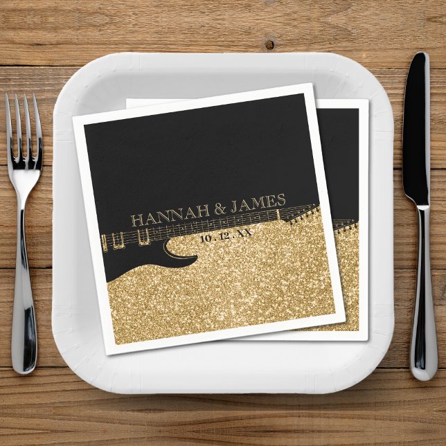 Svart och Guld Glitter Guitar Bröllop Pappersservett (Black & Gold Glitter Guitar Wedding Napkins)