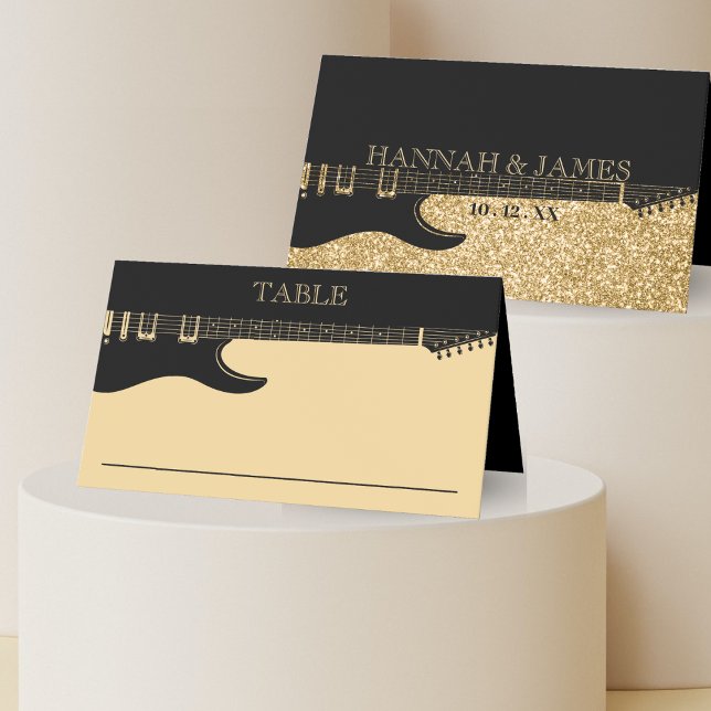 Svart och Guld Glitter Guitar Bröllop Placeringskort (Black & Gold Glitter Guitar Wedding Place Card)
