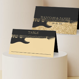 Svart och Guld Glitter Guitar Bröllop Placeringskort