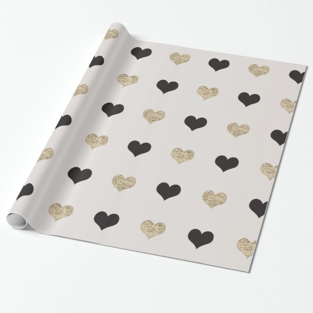 Svart och Guld Glitter Hearts Wrapping Papper Presentpapper (Utrullad)