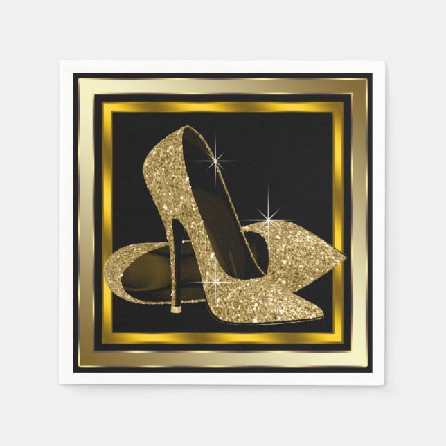 Svart och guld glitter högklackad sko pappersservett (Framsidan)