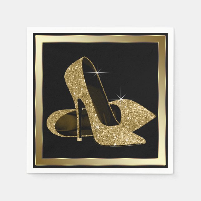 Svart och guld glitter högklackad sko pappersservett (Framsidan)