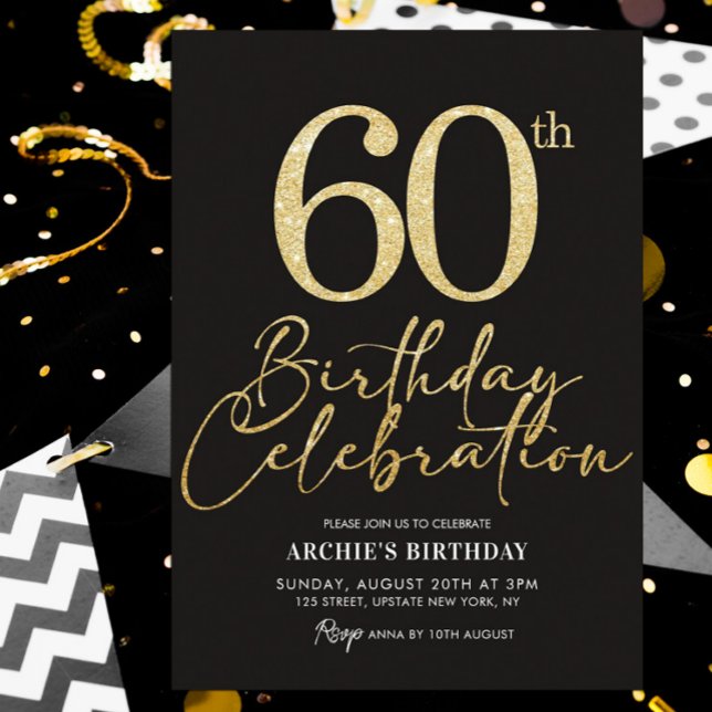 Svart och Guld Glitter i 60:e Födelsedagsfesten El Inbjudningar (60th birthday elegant gold glitter invitation)