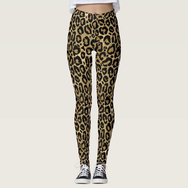 Svart och Guld Glitter Jaguar Skriv ut Leggings (Framsida)