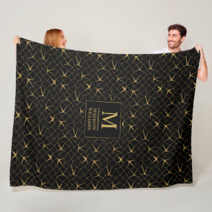 Svart och guld glitter lyxig geometrisk mönster fleecefilt