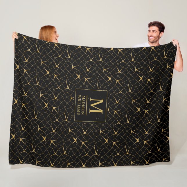 Svart och guld glitter lyxig geometrisk mönster fleecefilt (På plats)