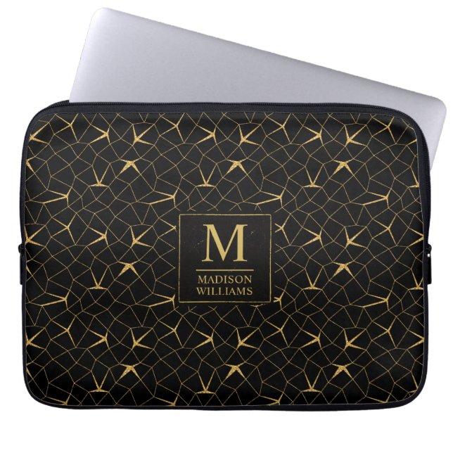 Svart och guld glitter lyxig geometrisk mönster laptop fodral (Framsidan)