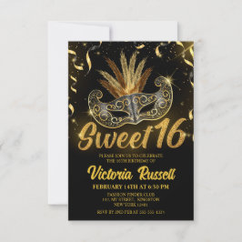 Svart och Guld Glitter Masqueramasken Sweet 16 Inbjudningar