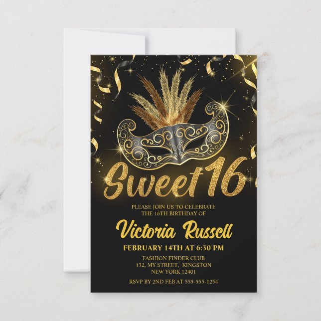 Svart och Guld Glitter Masqueramasken Sweet 16 Inbjudningar (Framsida)