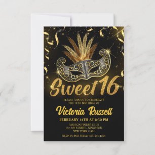 Svart och Guld Glitter Masqueramasken Sweet 16 Inbjudningar