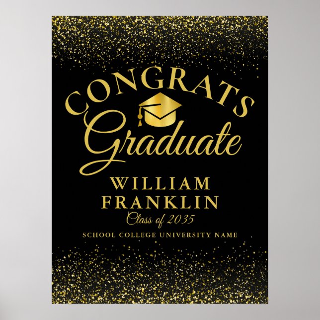Svart och guld glitter Modern examensskylt Poster (Framsidan)