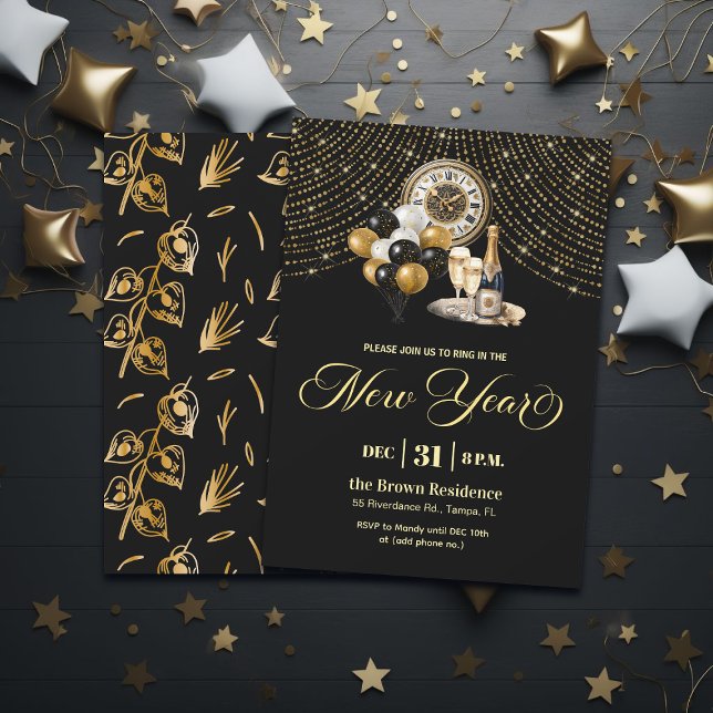 Svart och guld glitter Nyårsfest  Inbjudningar (Skapare uppladdad)