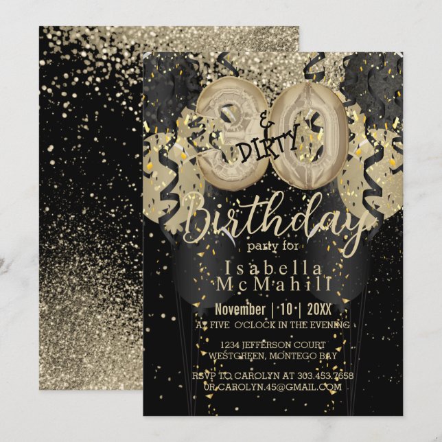Svart och Guld Glitter och 30 Dirty Birthday Inbjudningar (Fram/baksida)