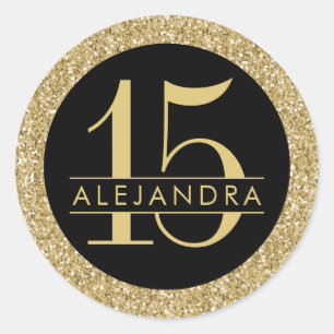 Svart och Guld Glitter Quince Años Sticker-etikett Runt Klistermärke