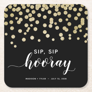 Svart och Guld Glitter Sip Sip Hooray Roligt Bröll Underlägg Papper Kvadrat