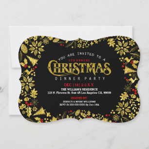 Svart och Guld Glitter Skriv ut julkrans Inbjudningar