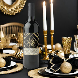Svart och Guld Glitter Snowflake Helgdag Play Namn Vinflaska Etikett