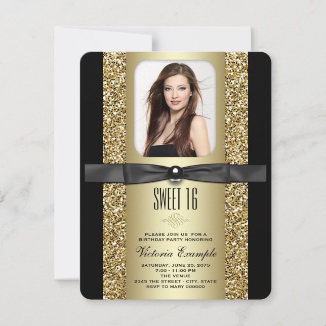 Svart och guld glitter Sweet 16-fest Inbjudningar (Framsida)