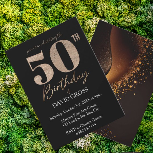 Svart och Guld Glitter Swirl 50:e födelsedagen Inbjudningar (Skapare uppladdad)