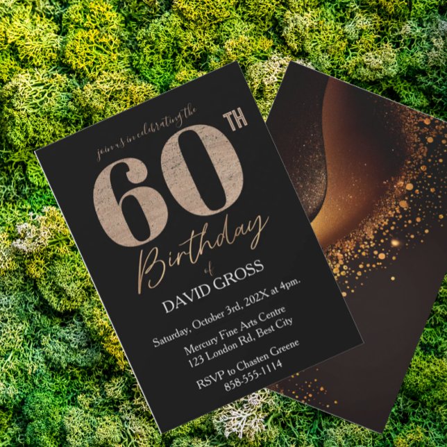 Svart och Guld Glitter Swirl 60:e födelsedagen Inbjudningar (Skapare uppladdad)