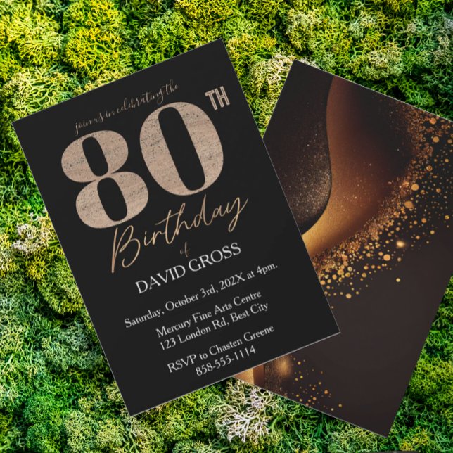 Svart och Guld Glitter Swirl 80:e födelsedagen Inbjudningar (Skapare uppladdad)