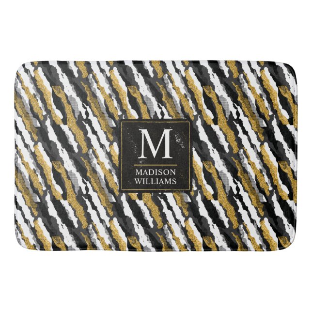 Svart och guld glitter vit djur zebra mönster badrumsmatta (Framsidan)