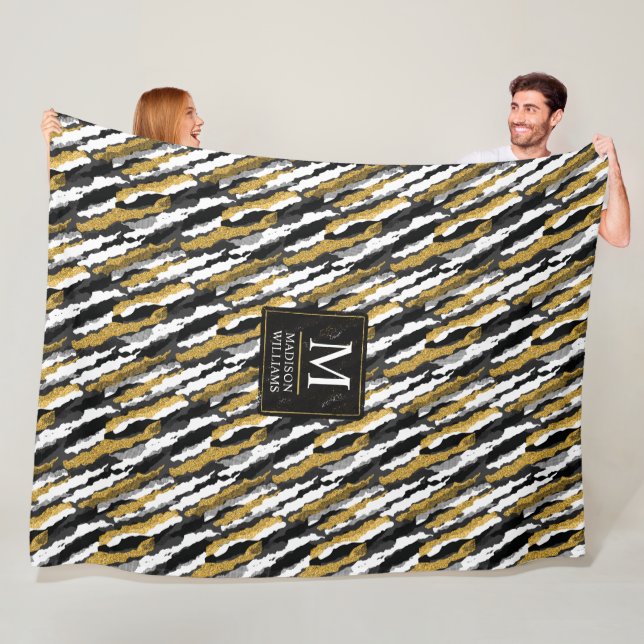 Svart och guld glitter vit djur zebra mönster fleecefilt (På plats)