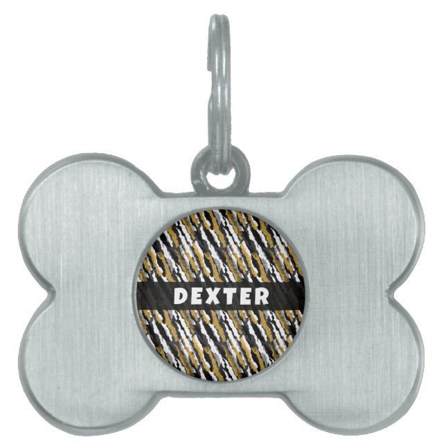 Svart och guld glitter vit djur zebra mönster ID-bricka husdjur (Framsidan)