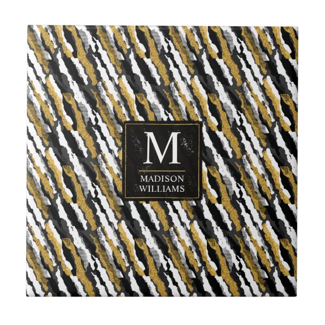 Svart och guld glitter vit djur zebra mönster kakelplatta (Framsidan)