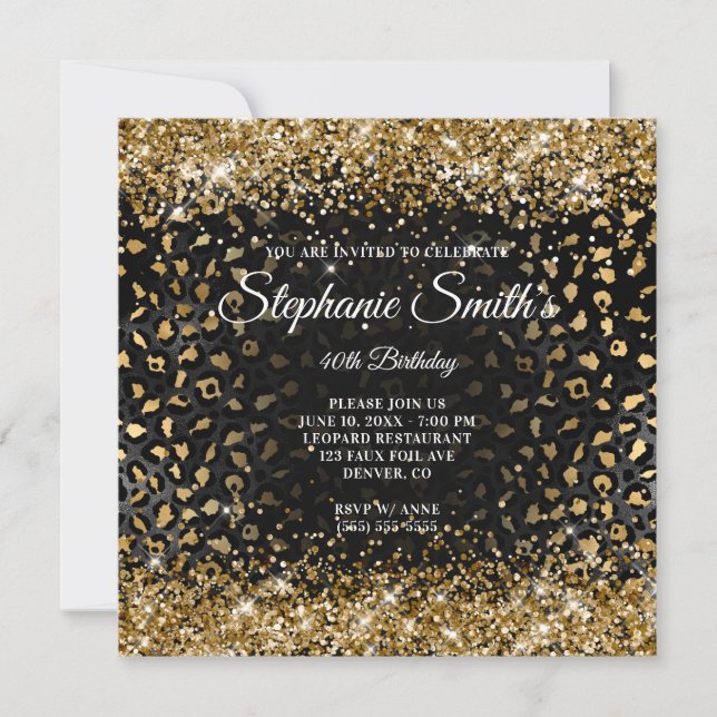 Svart och guld glitterig leopardfolie 40-årsdag inbjudningar (Framsida)