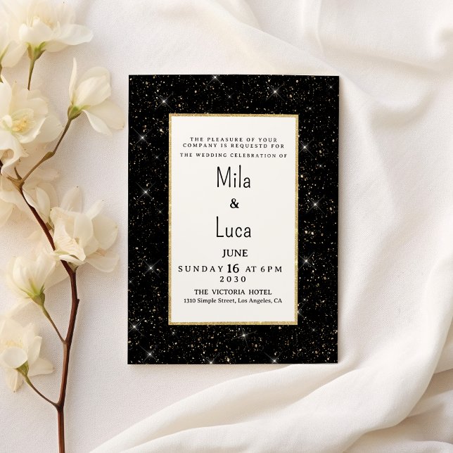 Svart och guld glittrande glitterkonfetti Bröllop  Inbjudningar (Black and gold sparkly glitter confetti Wedding)