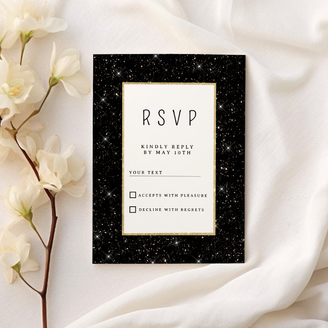 Svart och guld glittrande glitterkonfetti RSVP Inbjudningar (Black and gold sparkly glitter confetti RSVP )