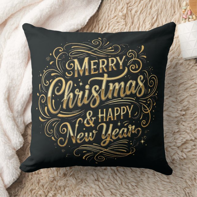 Svart och Guld God jul & Gott nytt år Kudde (Filt)