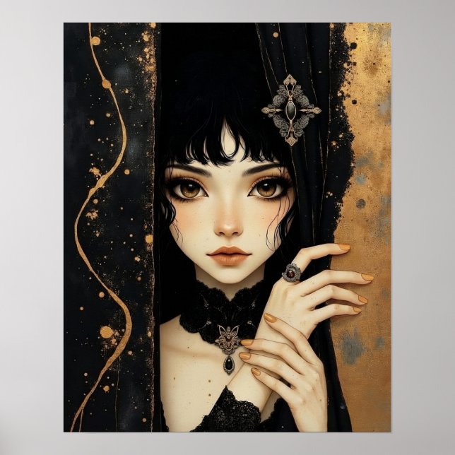 Svart och guld gotisk animeflicka poster (Framsidan)