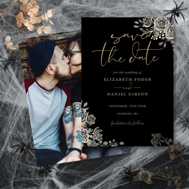 Svart Och Guld Gotisk Blommig Bröllopsfoto Spara Datumet (Black And Gold Gothic Floral Photo Wedding Save The Date)