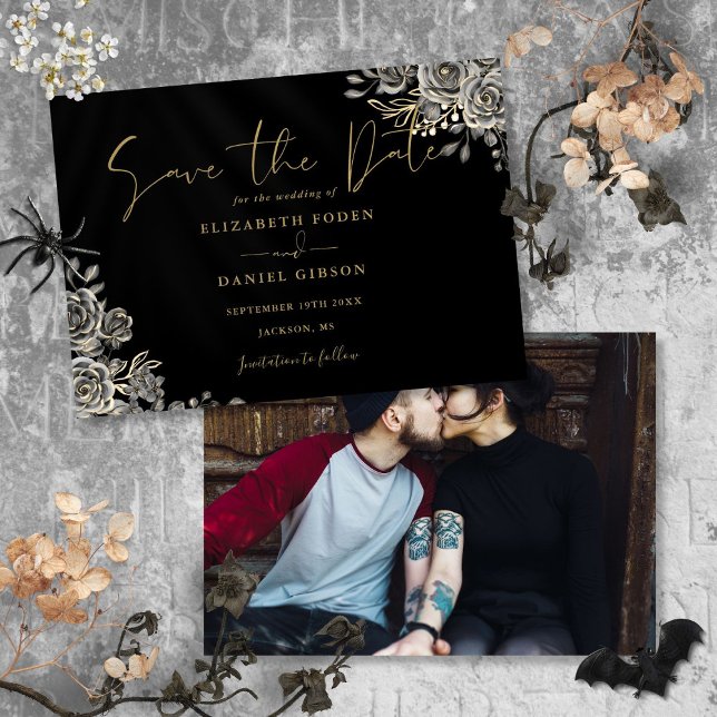Svart Och Guld Gotisk Blommig Foto Bröllop Spara Datumet (Black And Gold Gothic Floral Photo Wedding Save The Date)