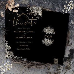 Svart Och Guld Gotisk Blommig Monogram Bröllop Spara Datumet