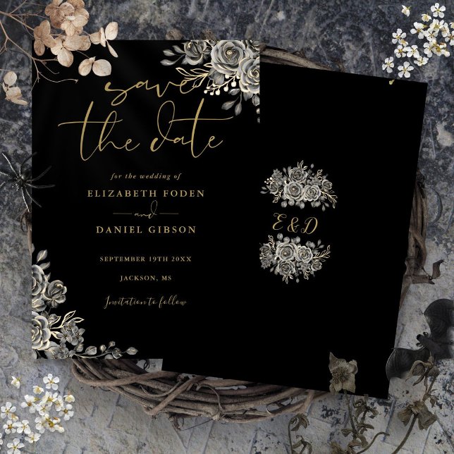 Svart Och Guld Gotisk Blommig Monogram Bröllop Spara Datumet (Black And Gold Gothic Floral Monogram Wedding Save The Date)