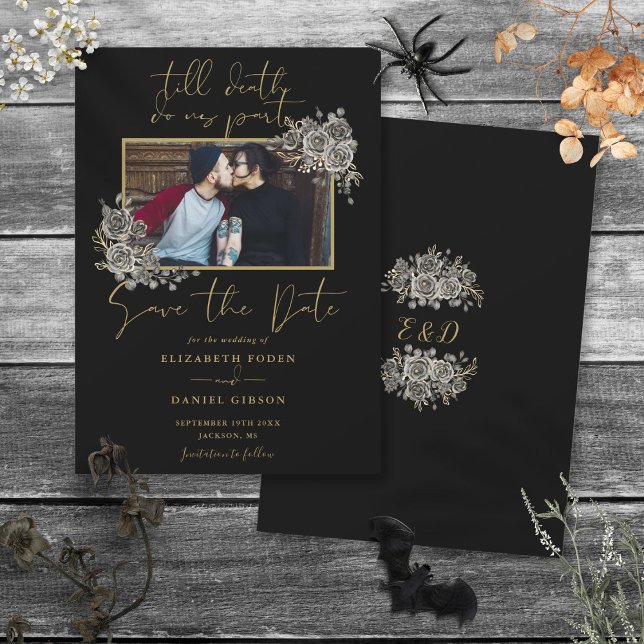 Svart och Guld gotisk Blommigt foto Bröllop Spara Datumet (Black And Gold Gothic Floral Photo Wedding Save The Date)