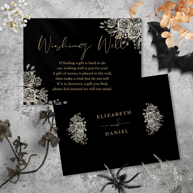 Svart och guld gotisk blomsterwishing well bröllop tilläggskort (Black And Gold Gothic Floral Wishing Well Wedding Enclosure Card)