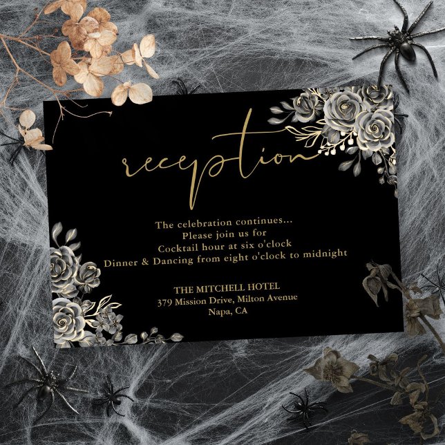 Svart och guld gotisk bröllopsmottagning tilläggskort (Black And Gold Gothic Wedding Reception Enclosure Card)